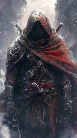 Hooded armored warrior stands in snow with red cloak