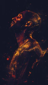 Profile silhouette glows with fiery cosmic energy.