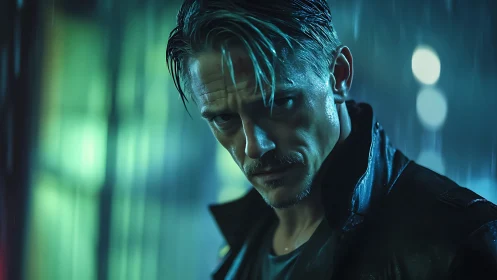 Brooding man stands under neon rainlit city glow at night