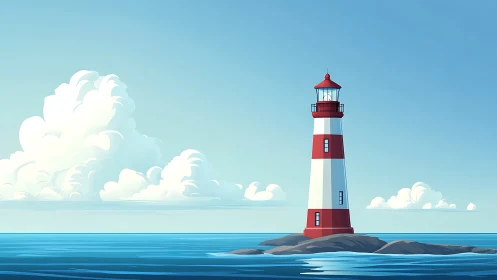 Lighthouse with red stripes stands on rocky island at sea