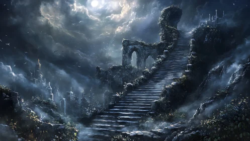 Moonlit stone stairway through ruins toward distant towers.