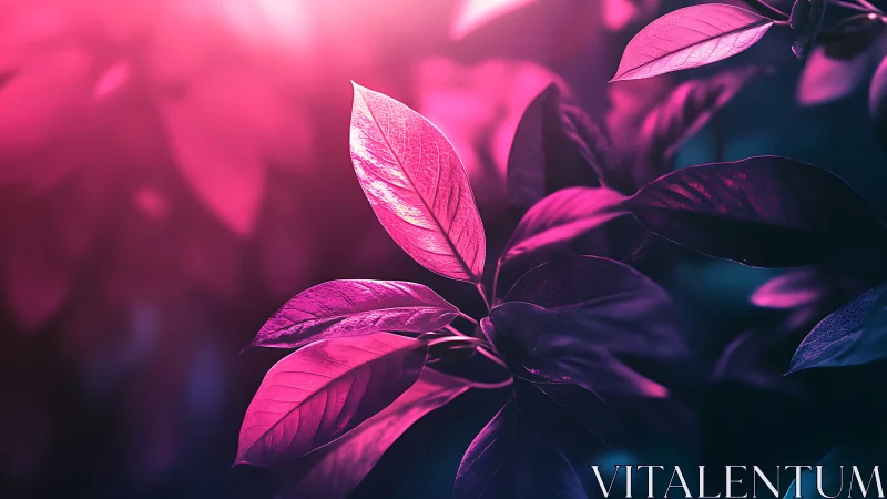 Leaves are illuminated by magenta and blue directional light