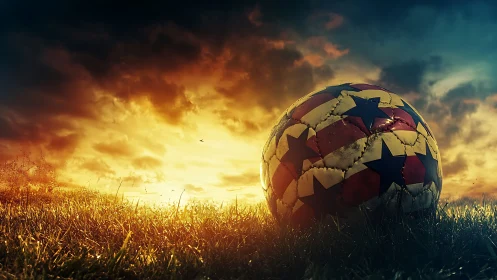 Weathered patriotic soccer ball rests under dramatic sunset sky