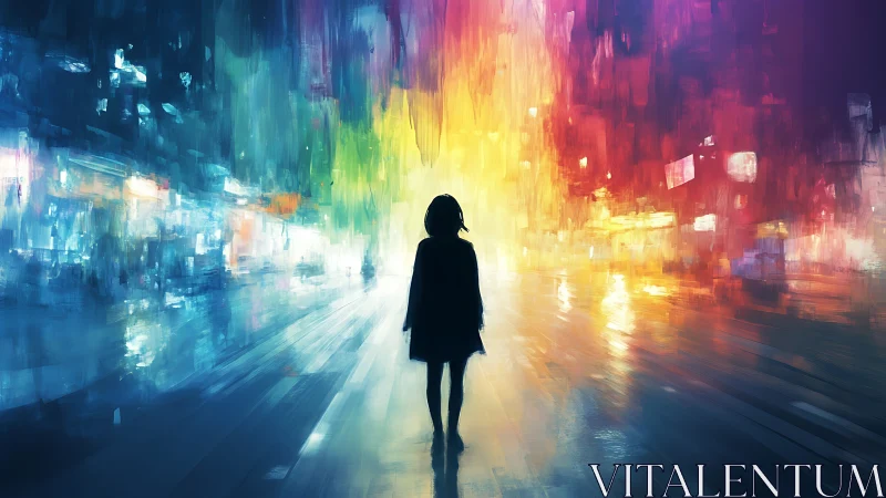 Silhouetted figure crosses neon-saturated abstract city corridor