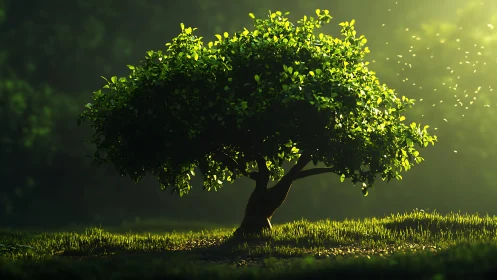 Sunlit storybook tree hums quietly in a meadow of light