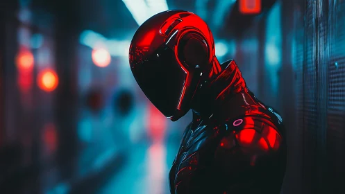 Red armored humanoid figure in dim corridor environment.