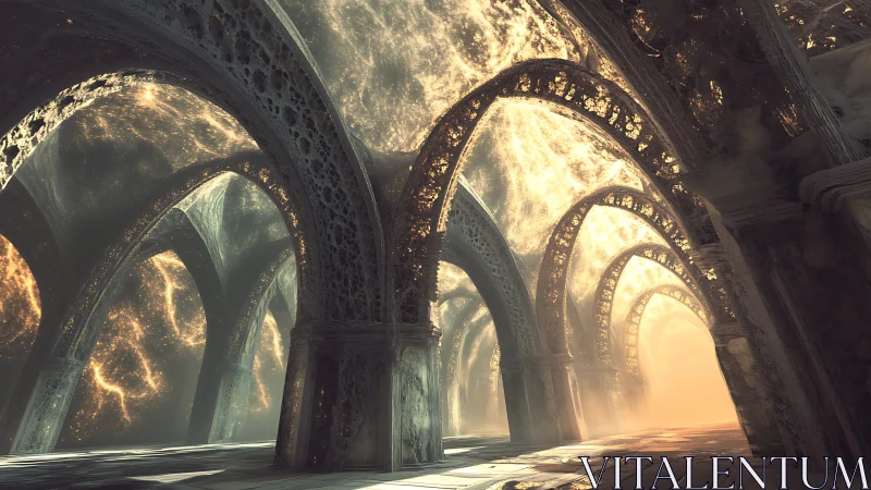 Luminous vaulted hall with ornate arches and misty light.