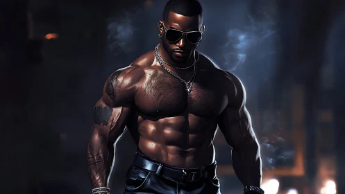 Sculpted cyber-styled bodybuilder in moody neon haze.