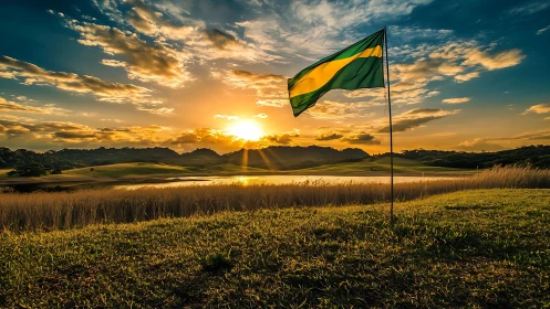 Country flag ripples above sunlit lakeside golf fairway at dusk