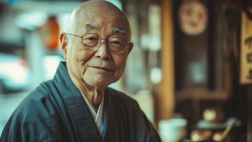 Elderly Japanese man in kimono, shallow depth portrait indoors