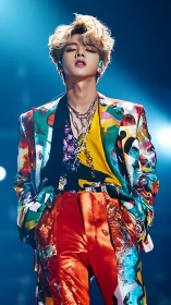 Colorful stage performer in patterned suit under spotlights.