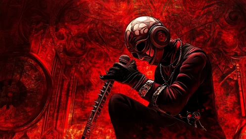 Cyberpunk vocalist in infernal red concert aura.