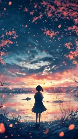 Silhouetted girl observes sunset reflections beneath sakura bloom