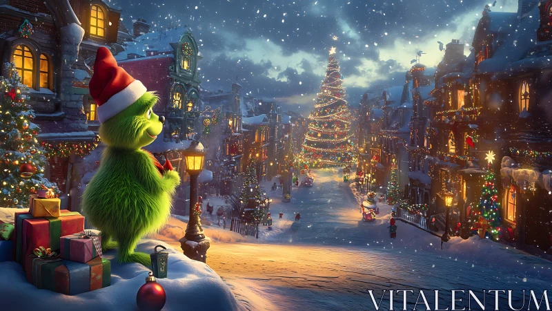 Green creature admires glowing Christmas tree in snowy town