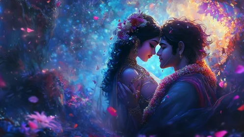 Two figures in luminous digital embrace amid neon particle effects