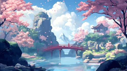 Tranquil red bridge spans a serene cherry blossom valley