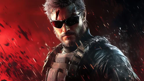 Battle-hardened covert operative in blazing red storm.