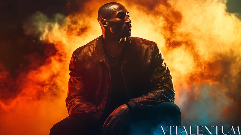 Cinematic low-key portrait in bicolor atmospheric smoke field