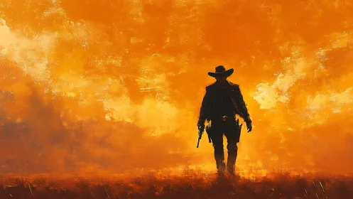 Silhouetted lone cowboy figure against orange sky painting.