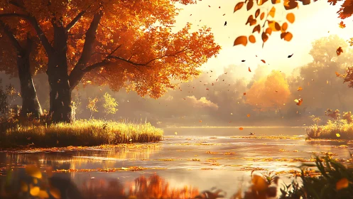 Golden autumn leaves whisper across a river of quiet light