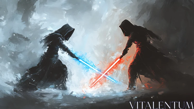 Hooded warriors clash with glowing energy blades in fog