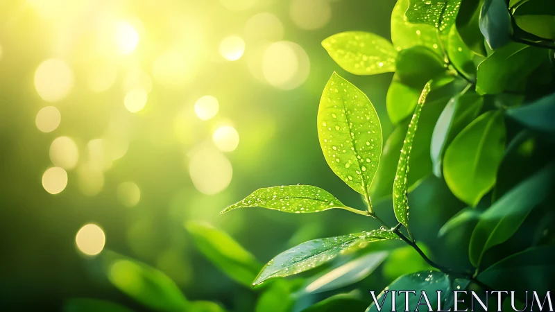 Morning dew on sunlit leaves in soft green bokeh glow.