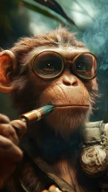 Goggles-wearing monkey holding smoking pipe in jungle scene.