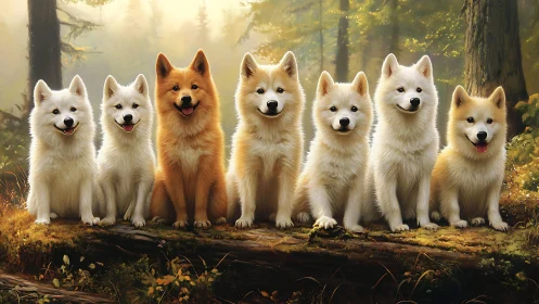 Sunlit forest pups sit in a cheerful row of fluffy friends