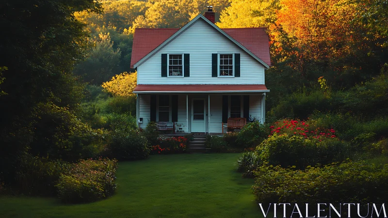 Charming white farmhouse nestles in lush autumn garden glow