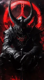 Armored demon warlord seated with sword before red sigil halo
