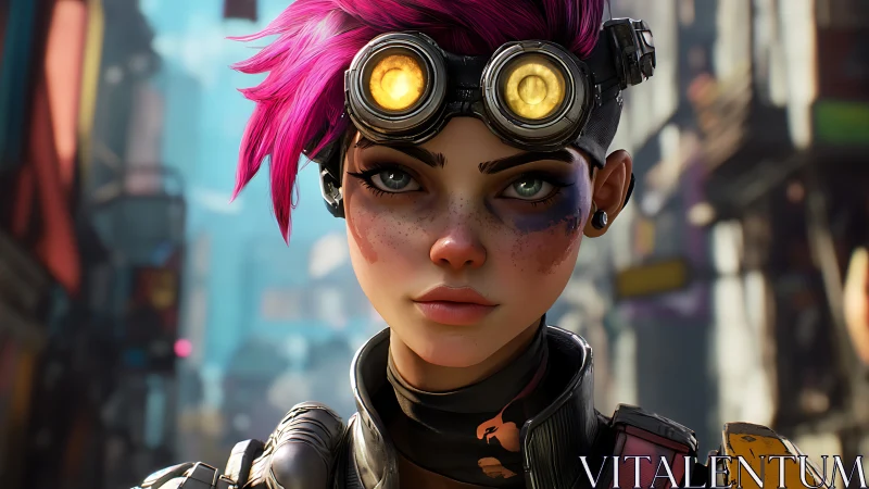 Cyberpunk street scout with pink hair and goggles.
