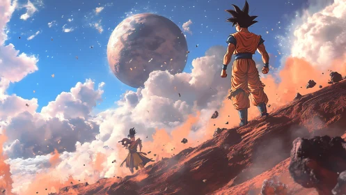 Two anime fighters on rocky terrain under distant planet.