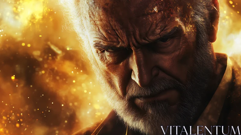 Elder warrior glowers through molten golden embers. Period.