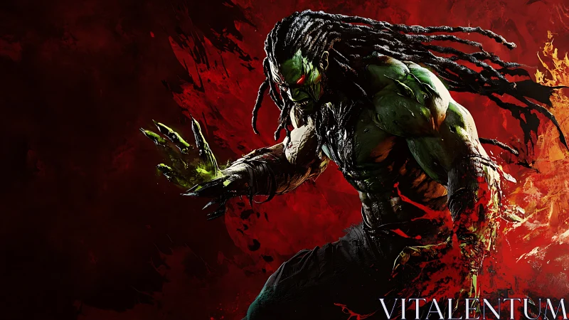 Green muscular creature lunges forward against red backdrop