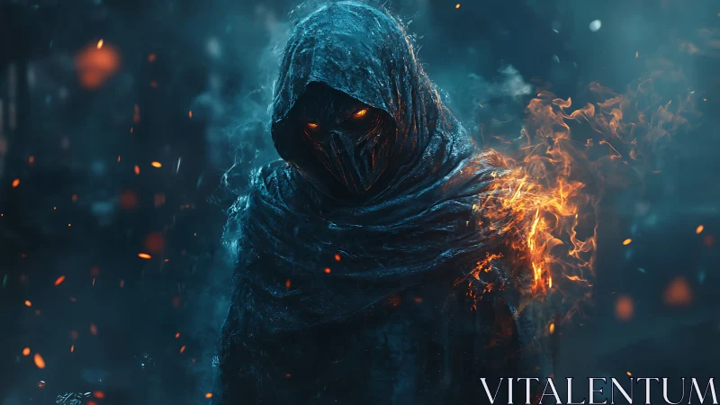 Hooded wraith with burning cloak walks through smoky gloom