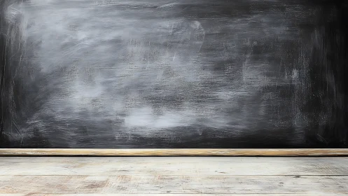 Empty chalkboard with worn wood floor awaits classroom content