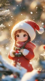 Snowlit child in Santa coat holding festive winter wreath.