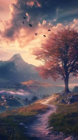 Mountain valley path with lone tree under clouded sky.