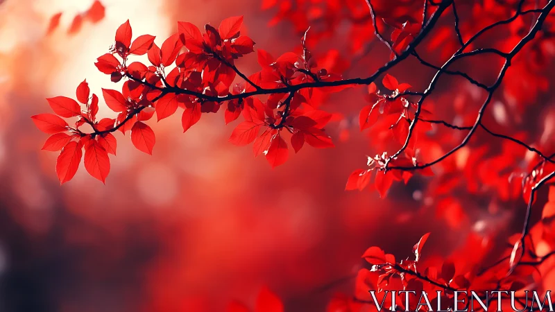 Vibrant red autumn leaves on branch with soft bokeh background.