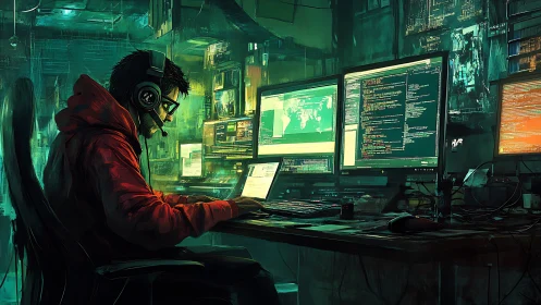 Focused hacker monitors glowing code in a neon cyber lab