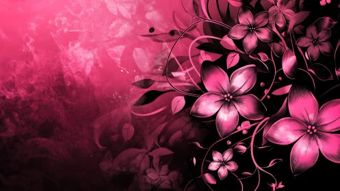 Pink Floral Digital Art on Black Background.