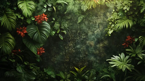 Dense tropical foliage frames textured mossy stone wall