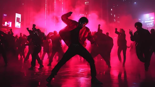 Neon-streaked street dancers erupt in electric midnight fog.