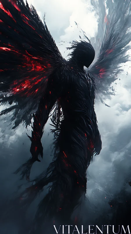 Dark seraphim rises through stormlit clouds in embered shadow