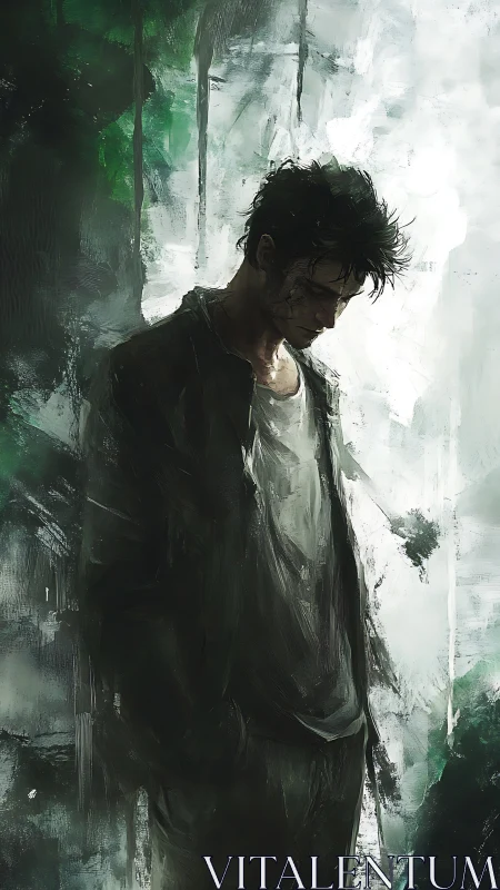 Solitary man stands in muted green and white abstract space