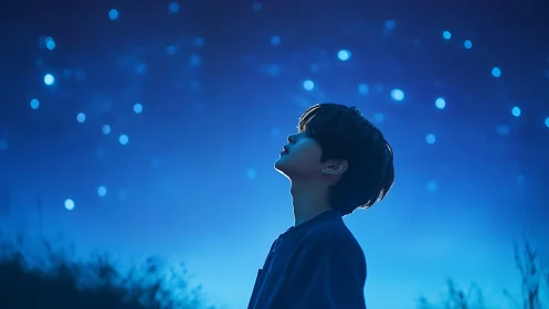 Profile silhouette under bokeh night sky with blue tonal gradient