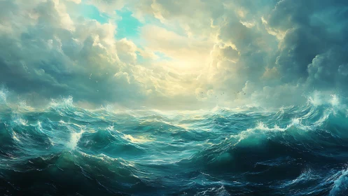 Stormy teal ocean under dense sunlit cloudscape.