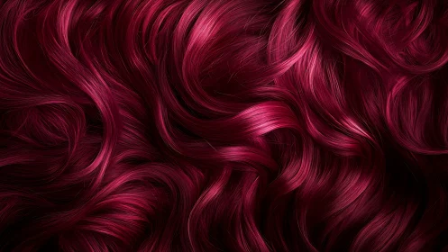 Close-up textured view of wavy deep red synthetic hair.