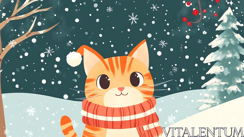 Cartoon tabby cat in scarf and hat in stylized snowy landscape
