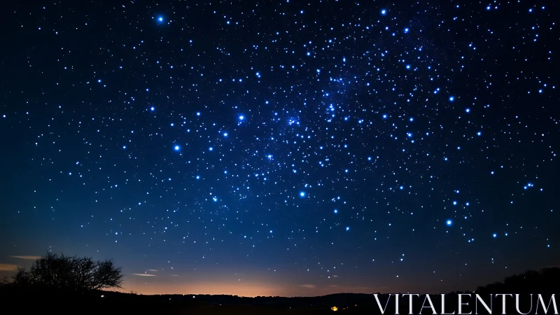 Star-filled night sky stretches above dark rural horizon
